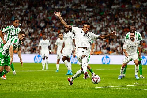 La Liga 2024-25 Real Madrid vs Real Betis: Real Madrid's Eder Militao tries to control the ball